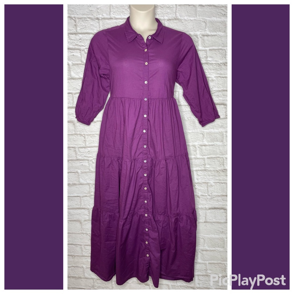 Natural Life Shirt Maxi Dress Women’s L Purple Modest Tiered Cotton Button Front